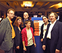 Foto: Matthias Ziegaus, Syl Glawion (Radio Z), die Preisträger Mirko Pawlak, Uta Knieschewski, Martin Dehnke, Peter Lokk