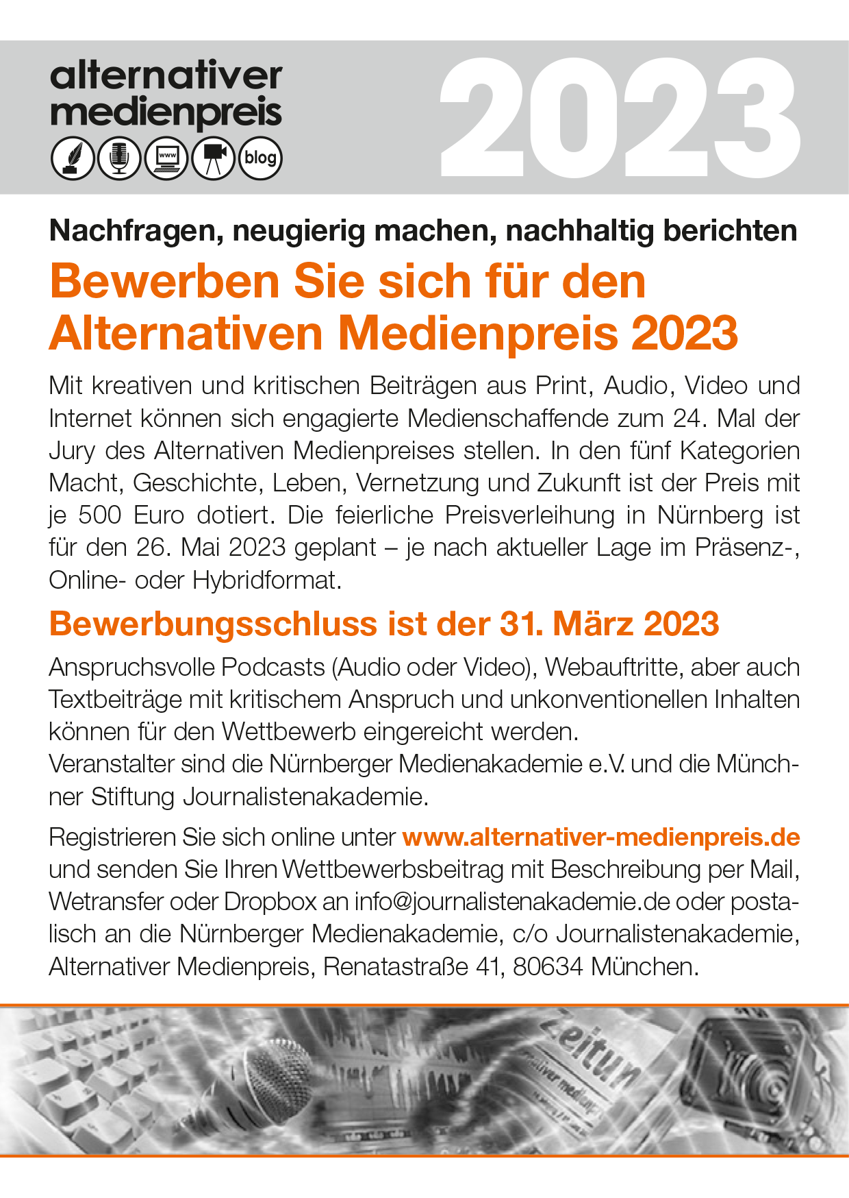 Wettbewerbsaufruf Alternativer Medienpreis 2023